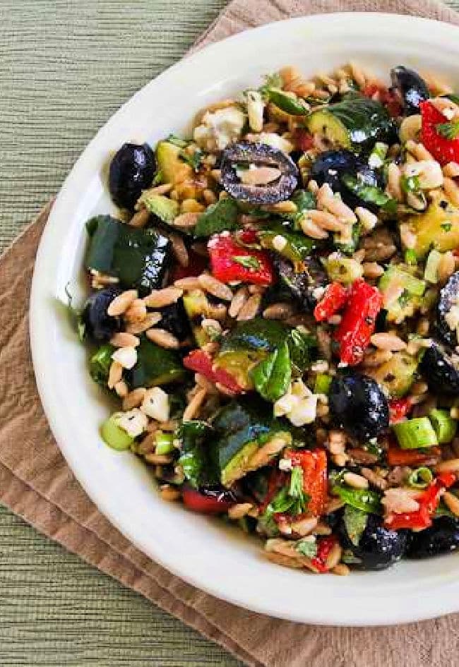 Grilled Vegetable Salad with Orzo or Cauliflower Rice shown on serving plate.