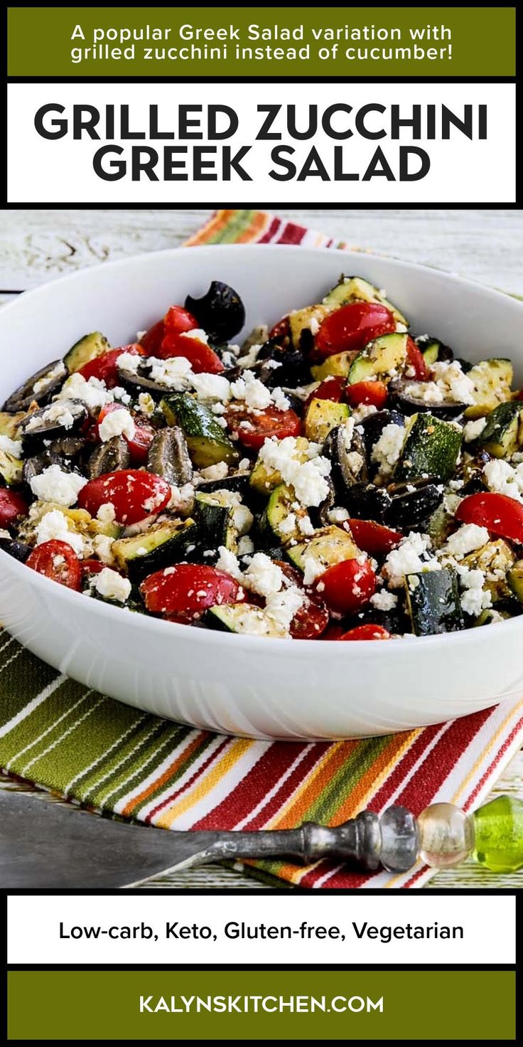Pinterest image for Grilled Zucchini Greek Salad showing salad in serving bowl.