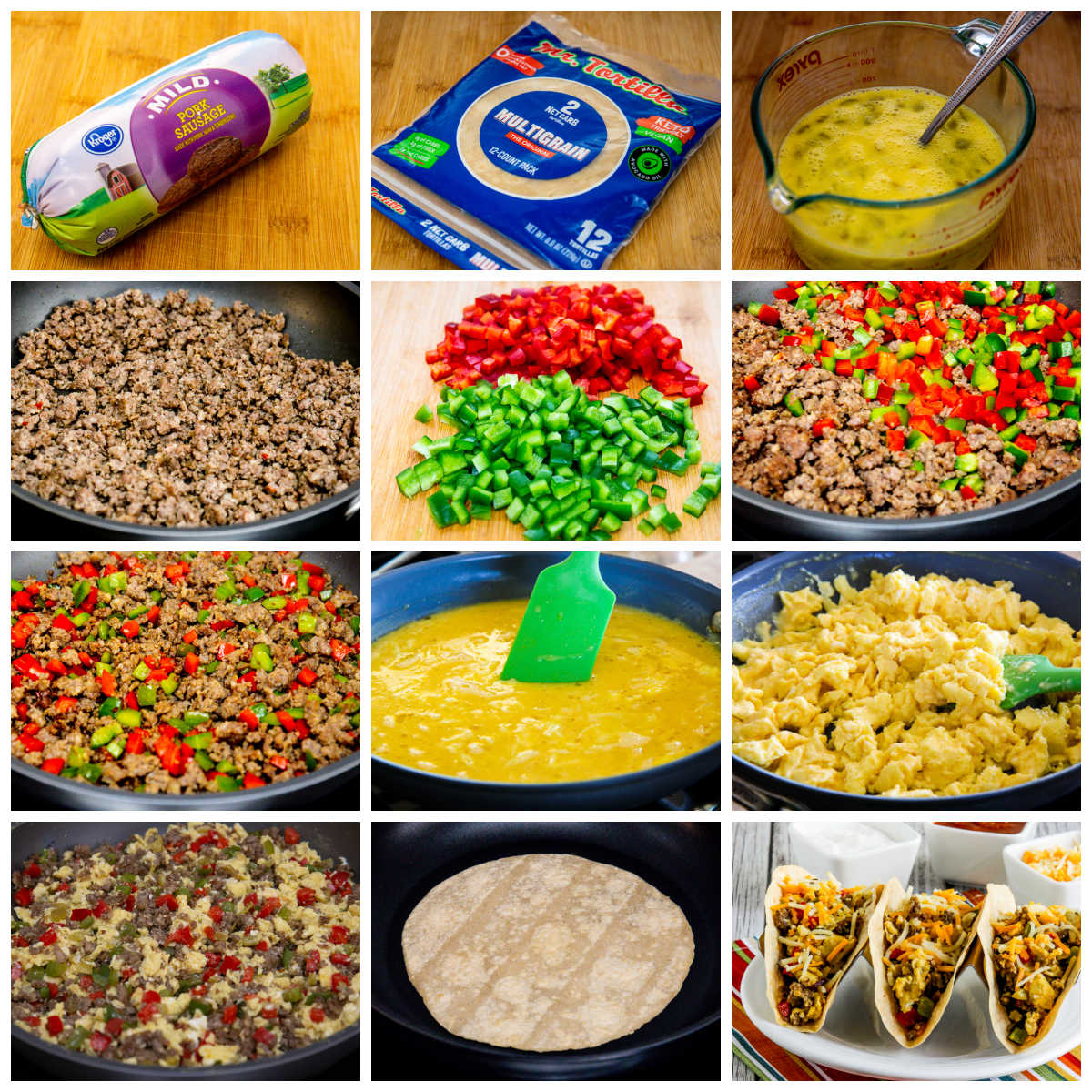 Low-Carb Breakfast Tacos collage of recipe steps.