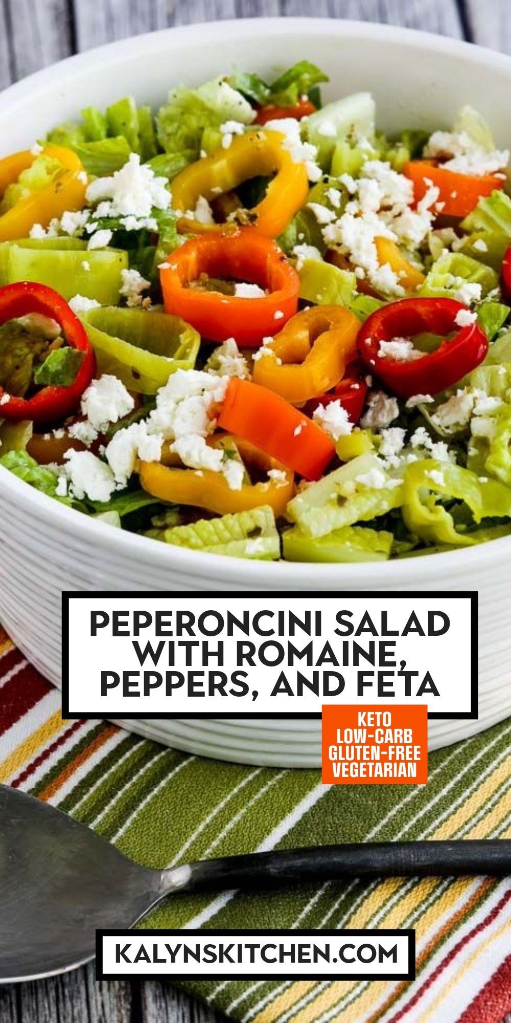 Pinterest image for Pepperoncini Salad shown in large white serving bowl.