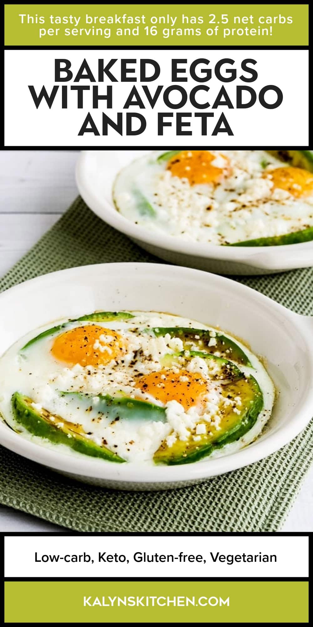 Pinterest image of Baked Eggs with Avocado and Feta