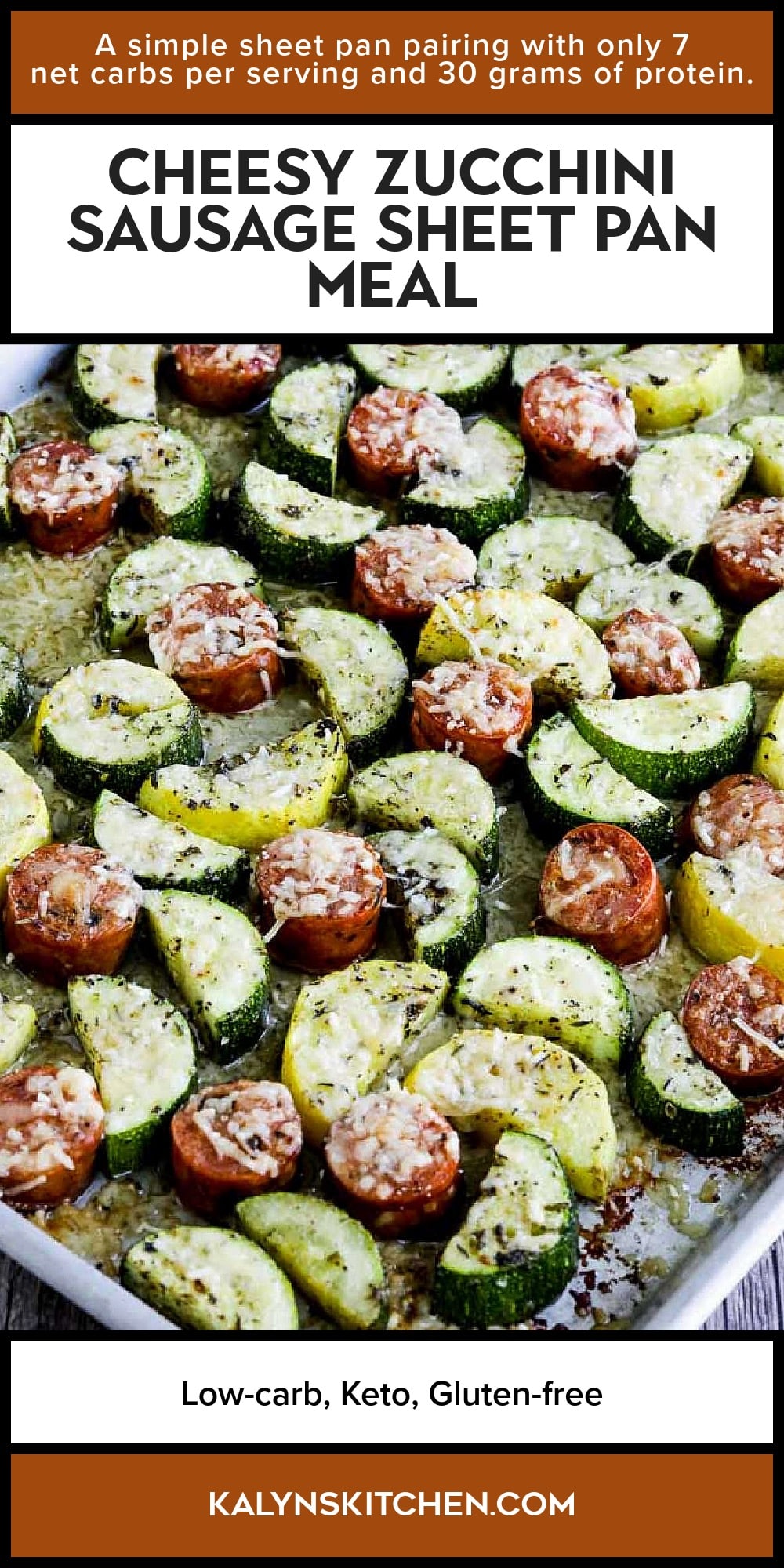 Pinterest image of Cheesy Zucchini Sausage Sheet Pan Meal