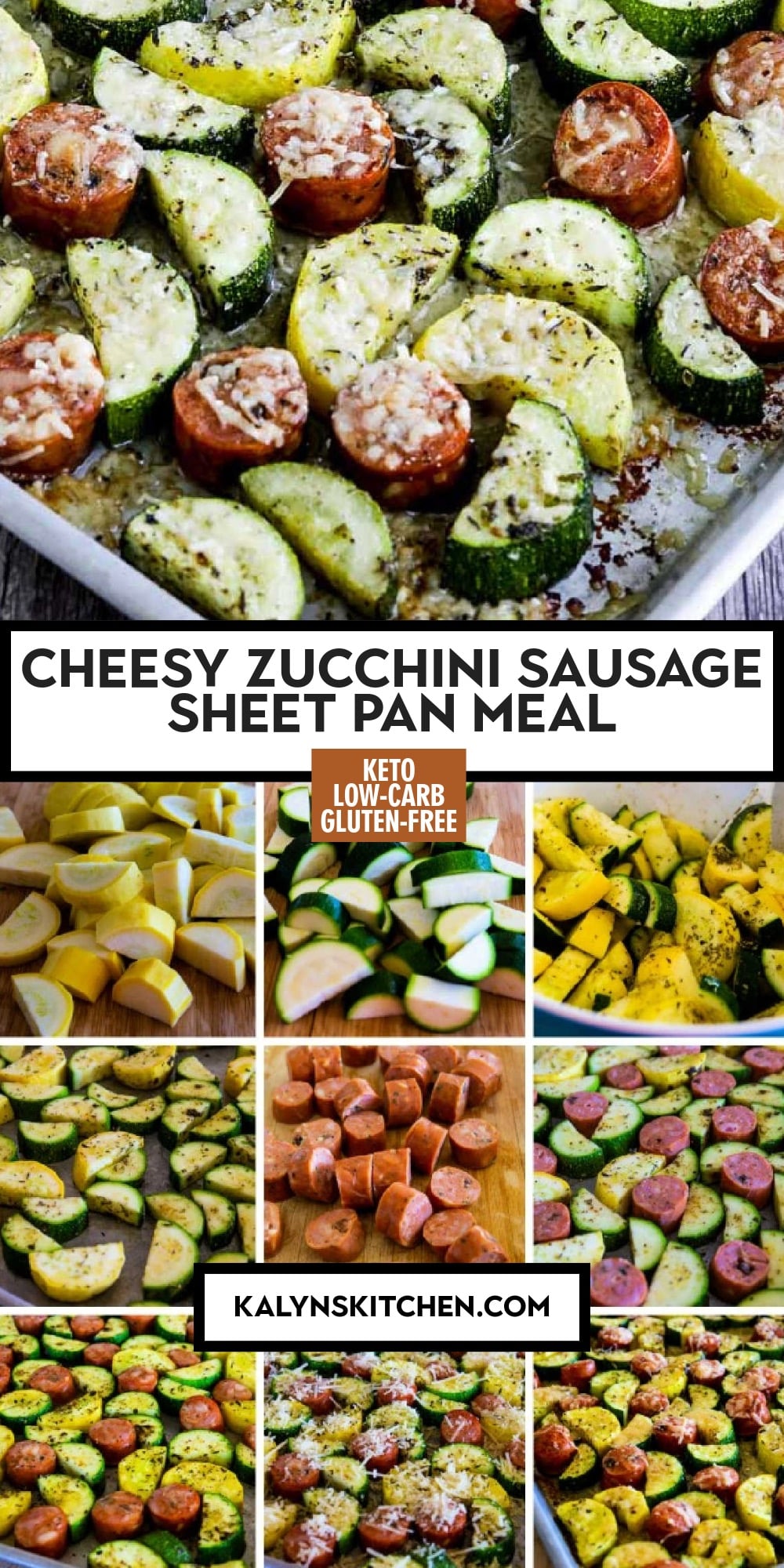 Pinterest image of Cheesy Zucchini Sausage Sheet Pan Meal