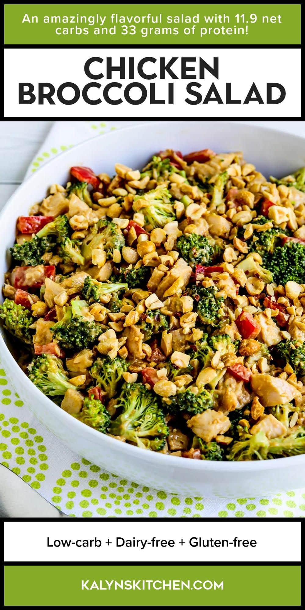 Pinterest image for Chicken Broccoli Salad shown in serving bowl.