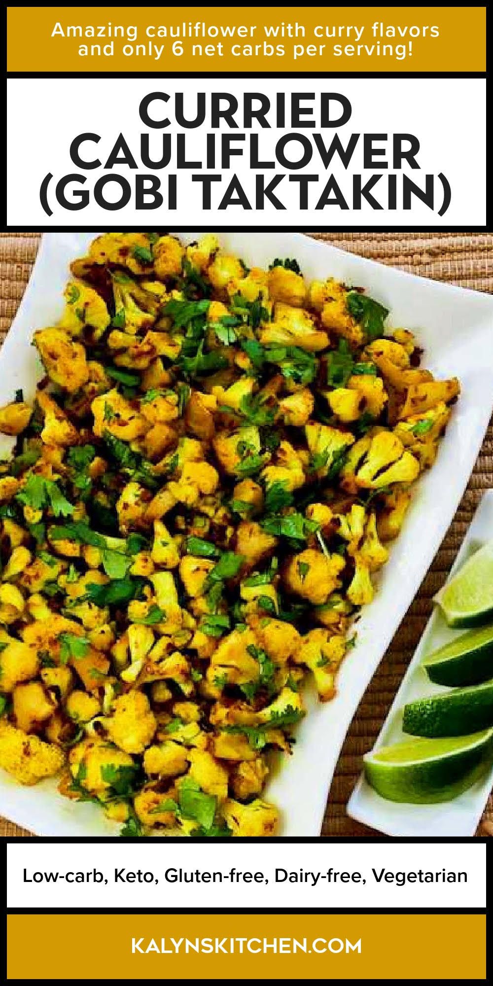 Pinterest image for Curried Cauliflower shown on serving platter.