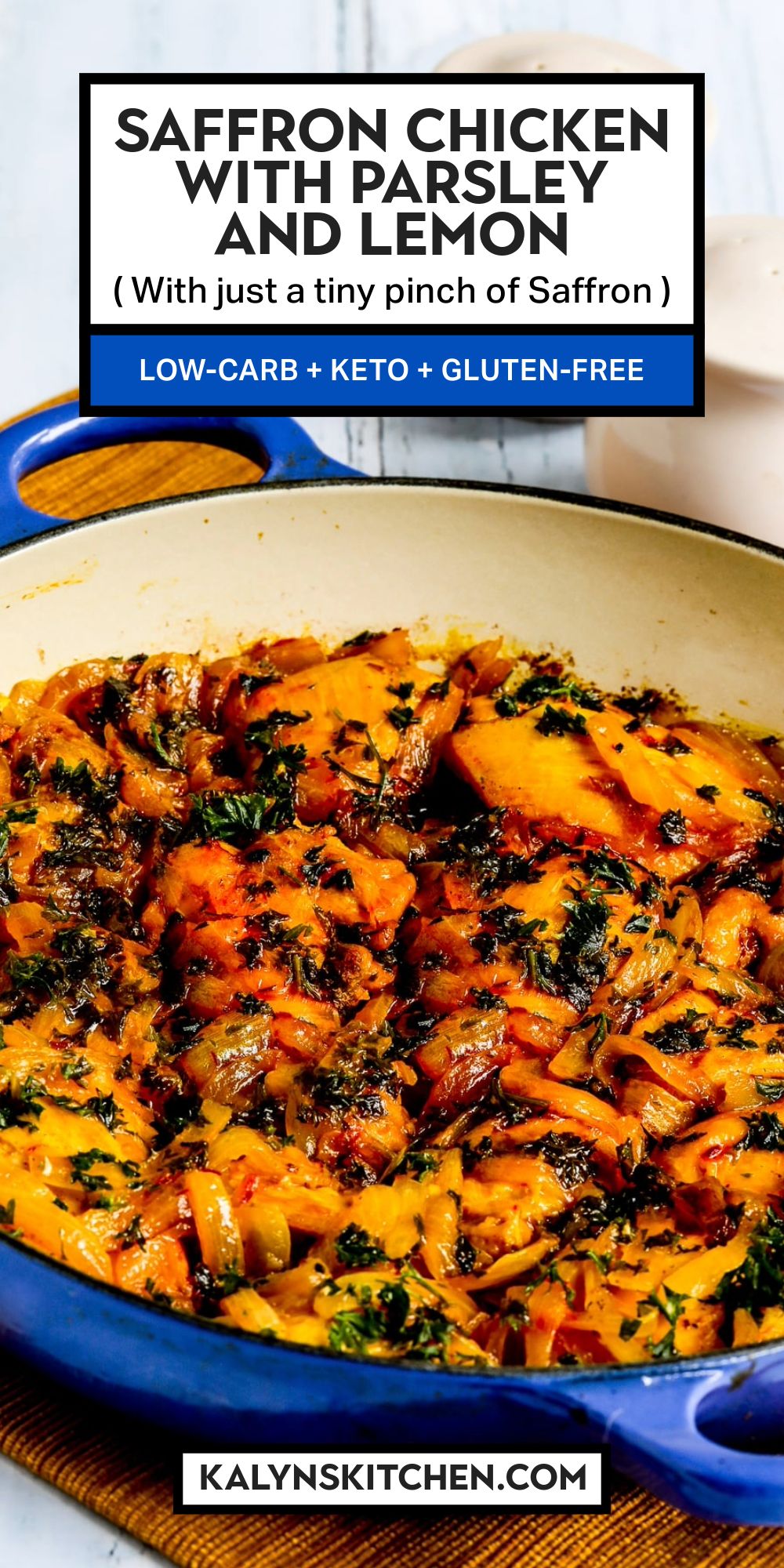 Pinterest image for Saffron Chicken shown in braising pan.
