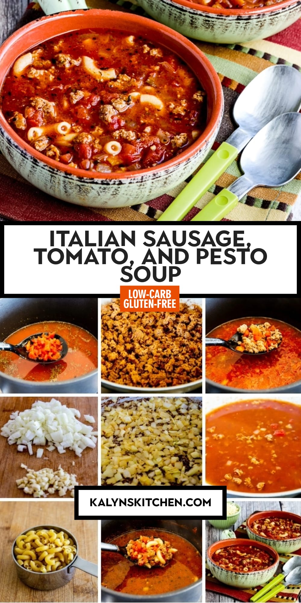 Pinterest image of Italian Sausage, Tomato, and Pesto Soup