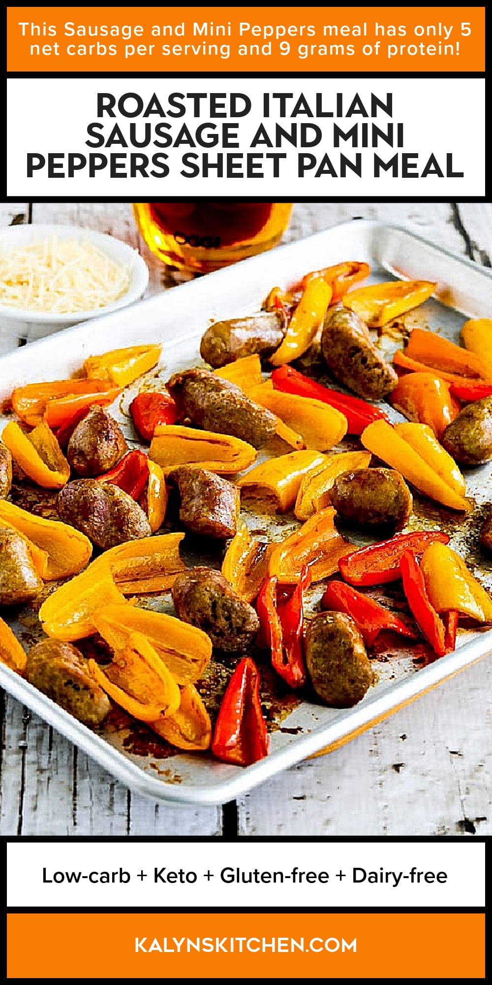 Pinterest image of Roasted Italian Sausage and Mini Peppers Sheet Pan Meal