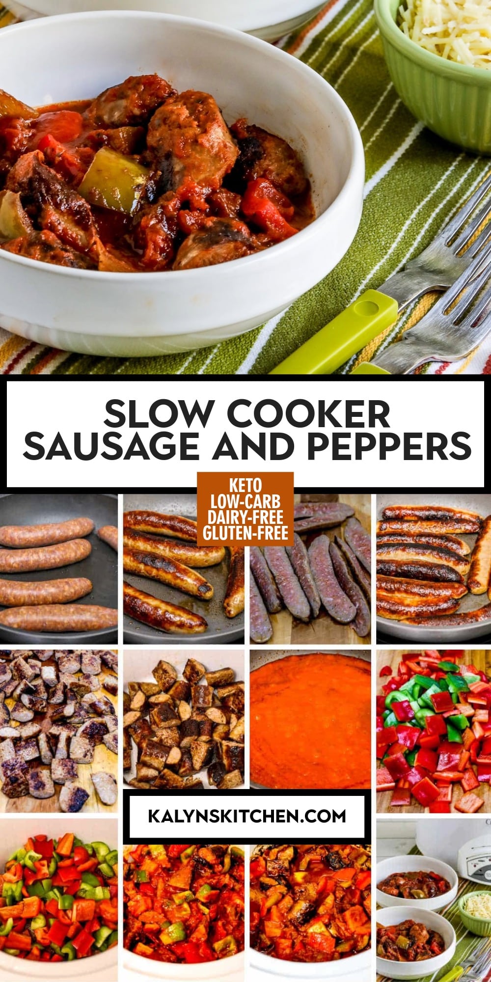 Pinterest image of Slow Cooker Sausage and Peppers