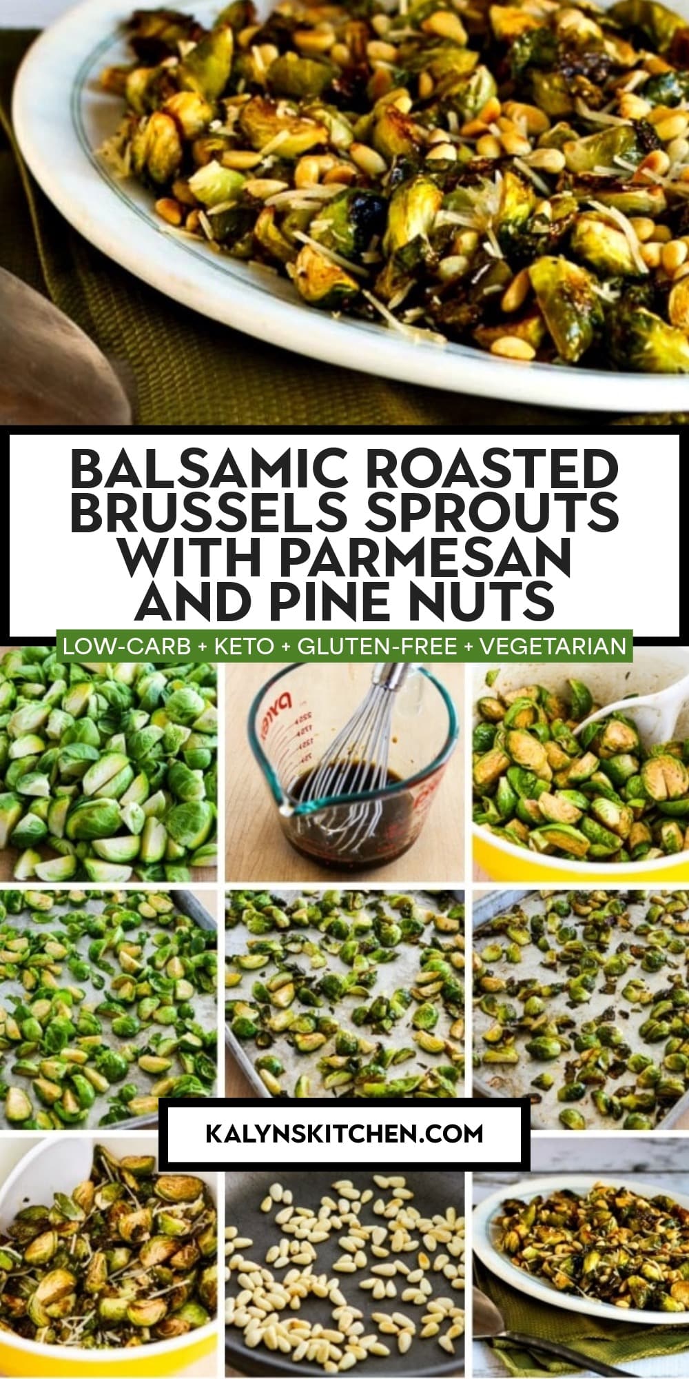 Pinterest image of Balsamic Roasted Brussels Sprouts with Parmesan and Pine Nuts