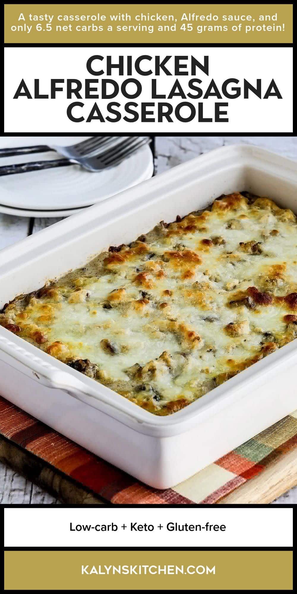 Pinterest image for Chicken Alfredo Lasagna Casserole shown in baking dish.