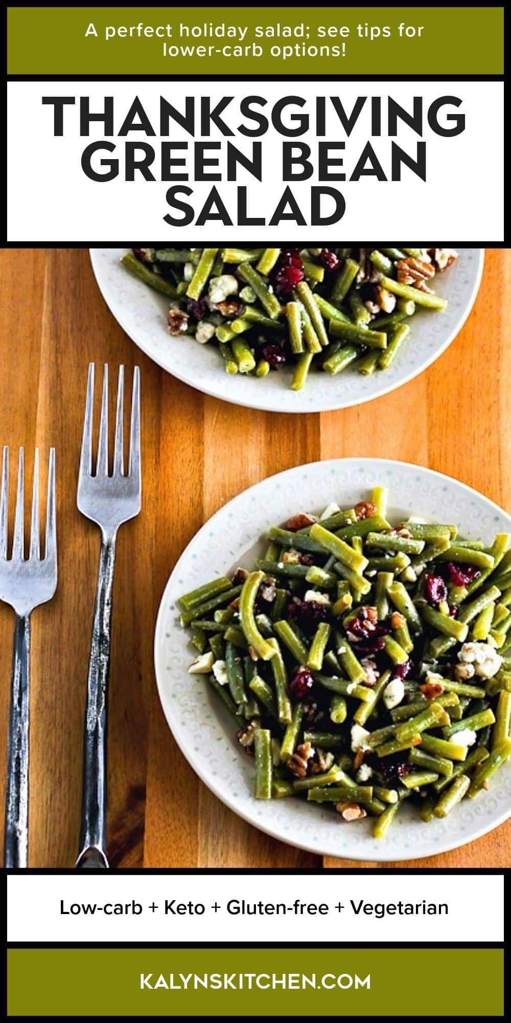 Pinterest image for Thanksgiving Green Bean Salad on two serving plates.