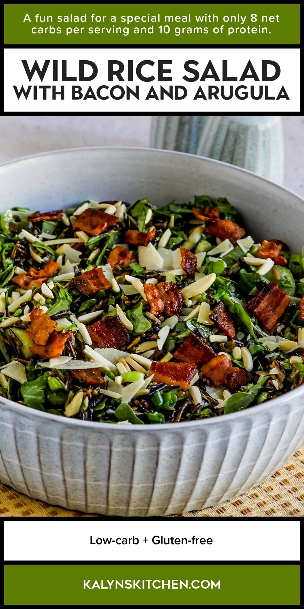 Pinterest image of Wild Rice Salad with Bacon and Arugula