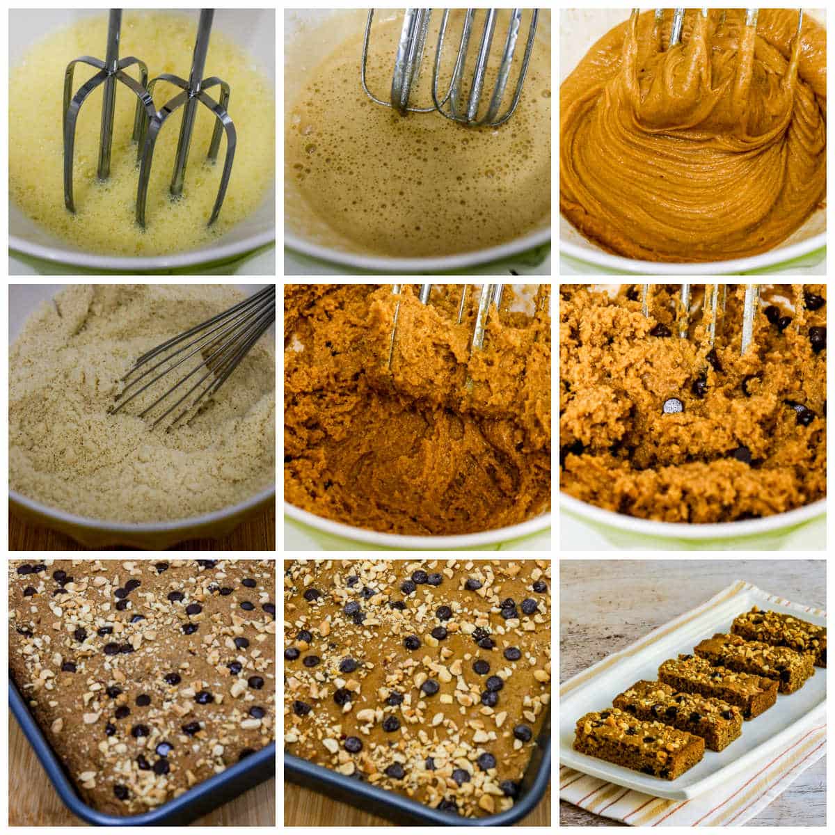 Collage image for Peanut Butter Chocolate Chip Bars showing recipe steps.