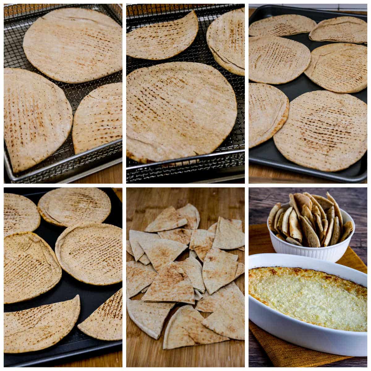 Toasting low-carb pita bread for Hot Artichoke Dip with Peperoncini, collage photo.