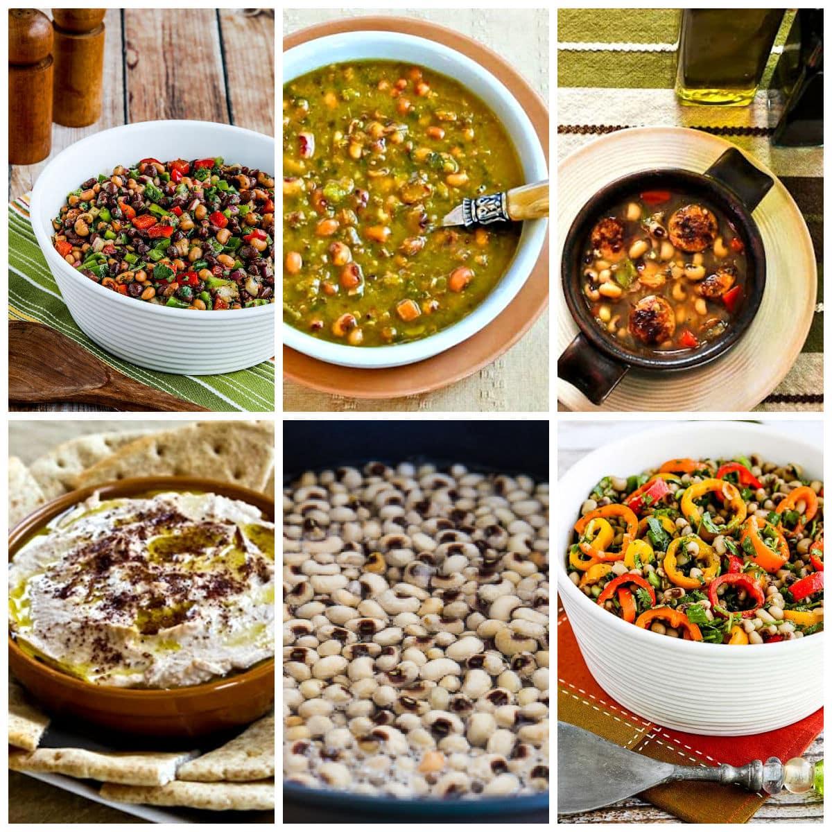 Black-Eyed Pea collage photo showing featured recipes and black-eyed peas cooking.