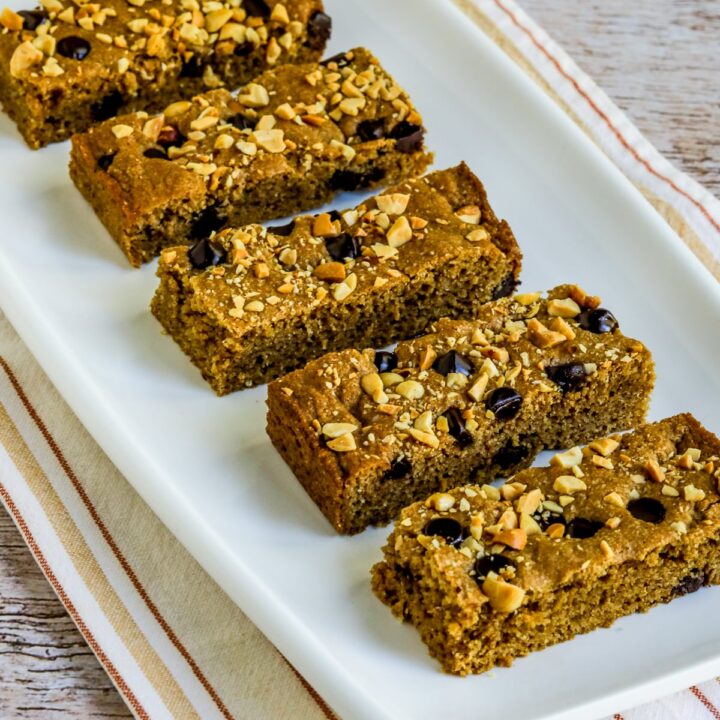 Peanut Butter Chocolate Chip Bars shown on serving platter