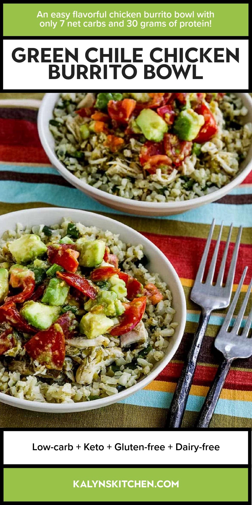 Pinterest image of Green Chile Chicken Burrito Bowl
