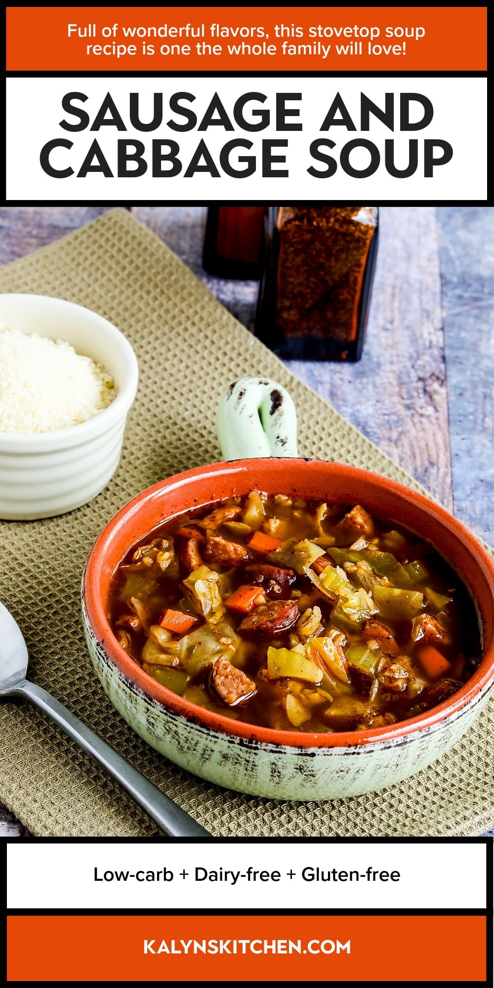 Pinterest image of Sausage and Cabbage Soup
