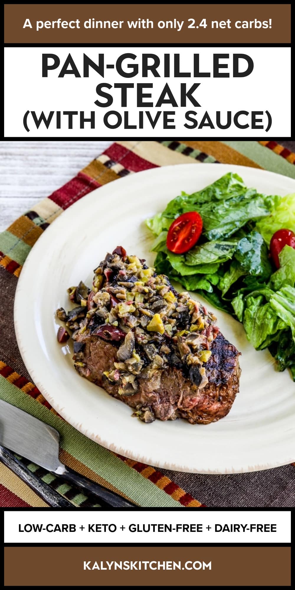 Pinterest image of Pan-Grilled Steak (with Olive Sauce)