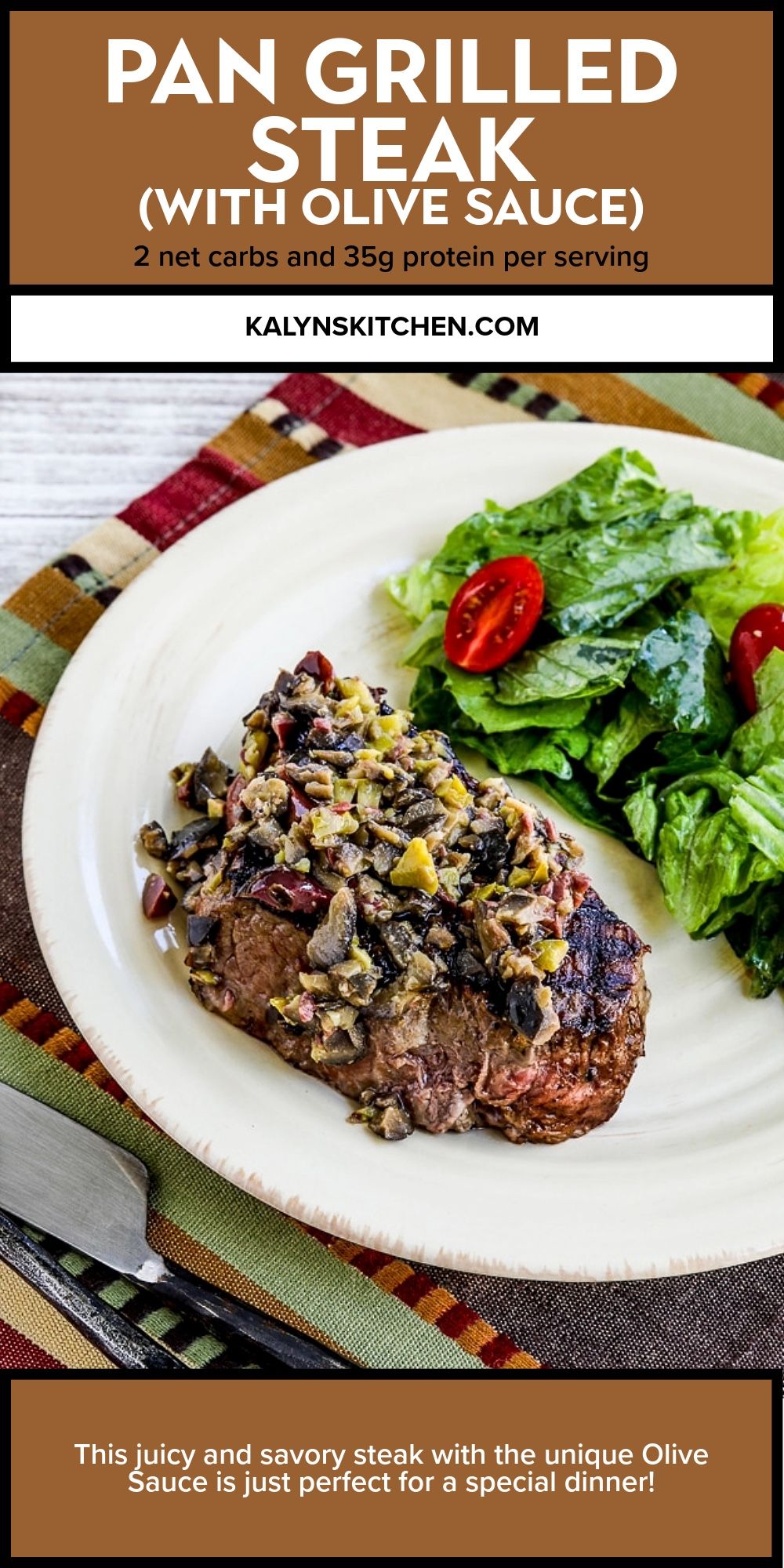 Pinterest image for Pan Grilled Steak with Olive sauce shown on plate with salad.