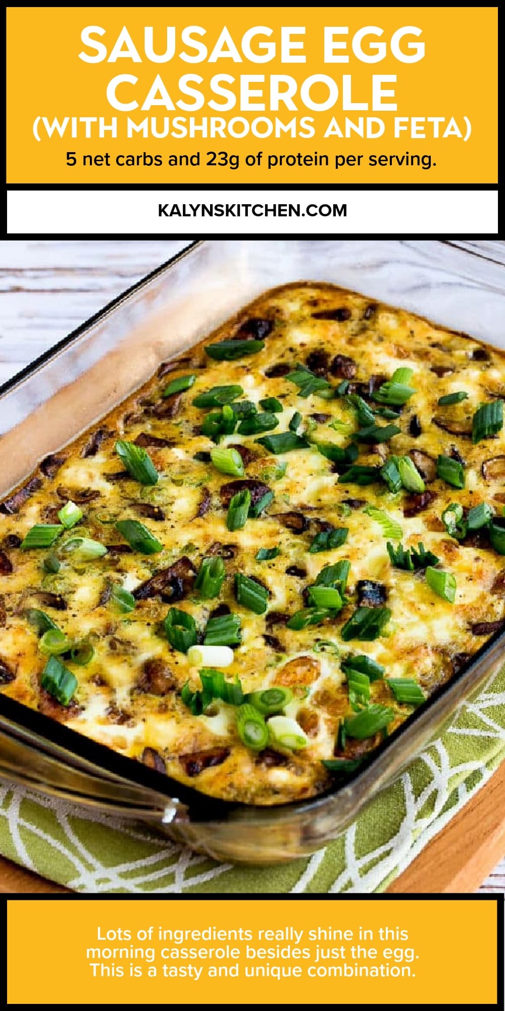 Pinterest image of Sausage Egg Casserole (with Mushrooms and Feta)