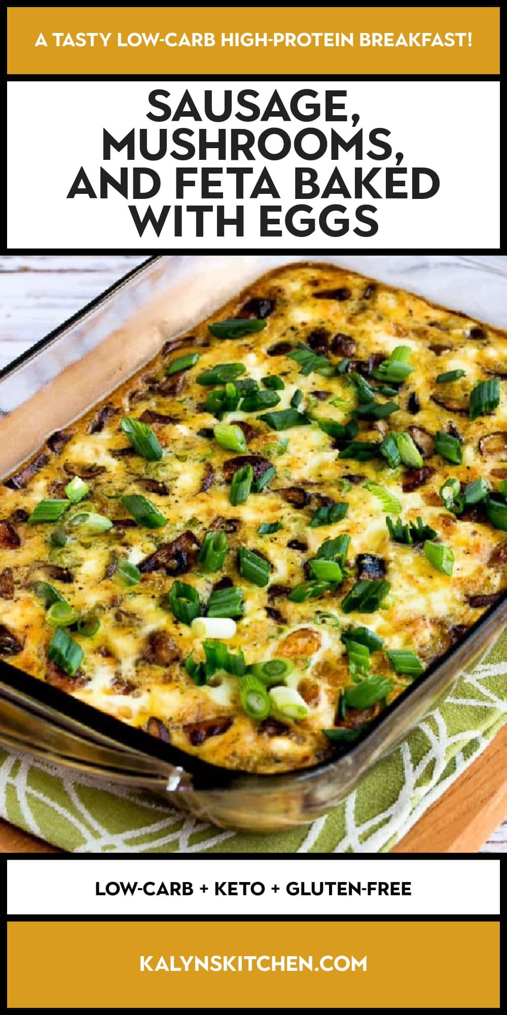 Pinterest image of Sausage, Mushrooms, and Feta Baked with Eggs