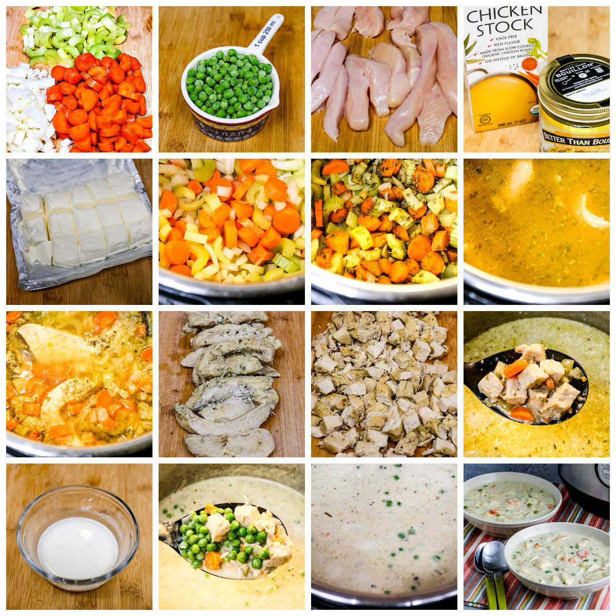 Instant Pot Chicken Pot Pie Soup collage photo showing recipe steps.