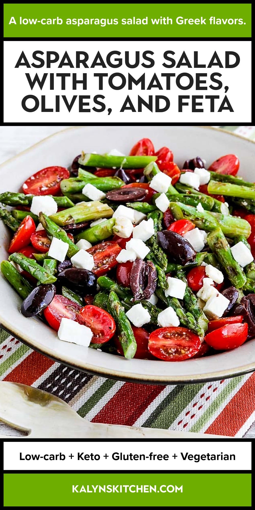 Pinterest image of Asparagus Salad with Tomatoes, Olives, and Feta