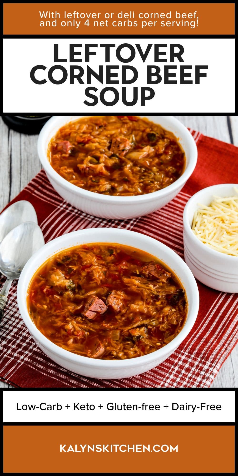 Pinterest image for Leftover Corned Beef Soup shown in two bowls.