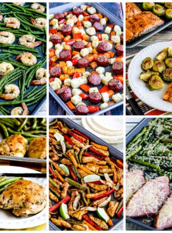 Collage of low-carb sheet pan meals showing some of the featured recipes.