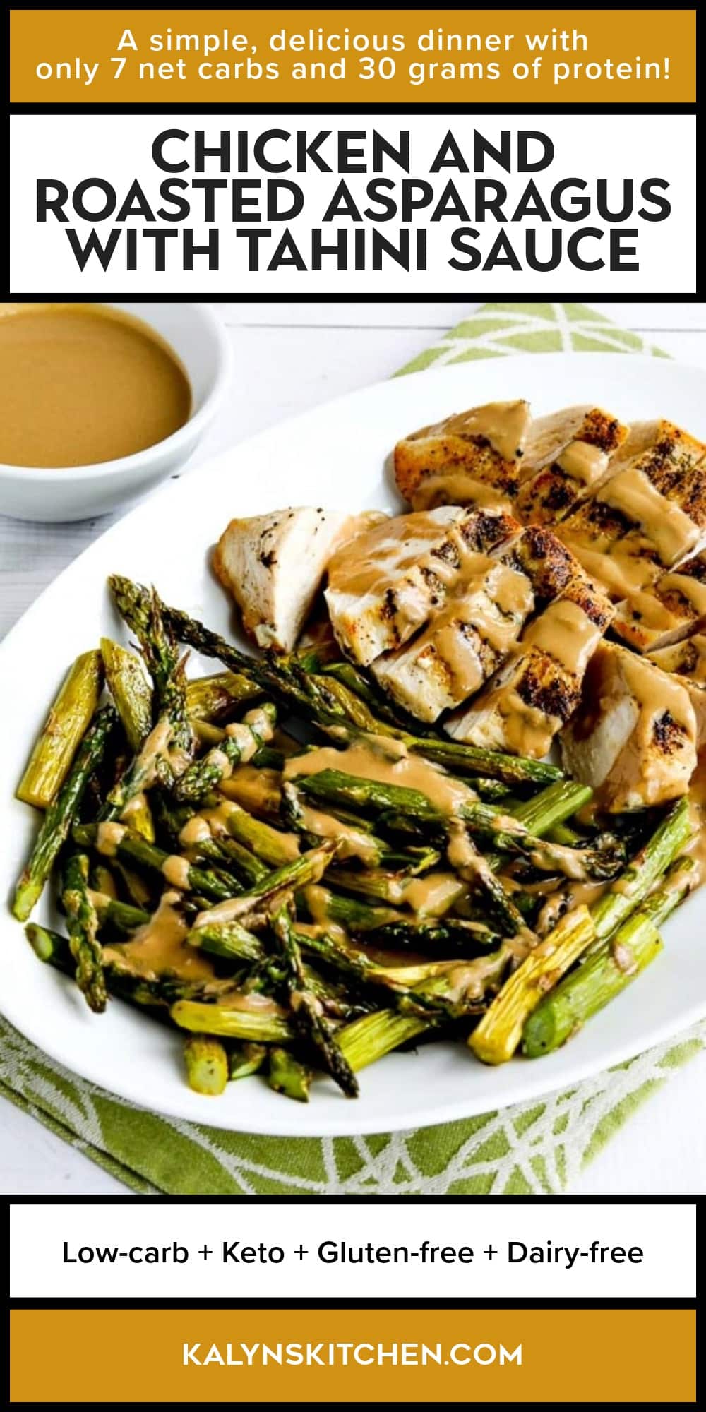 Pinterest image of Chicken and Roasted Asparagus with Tahini Sauce