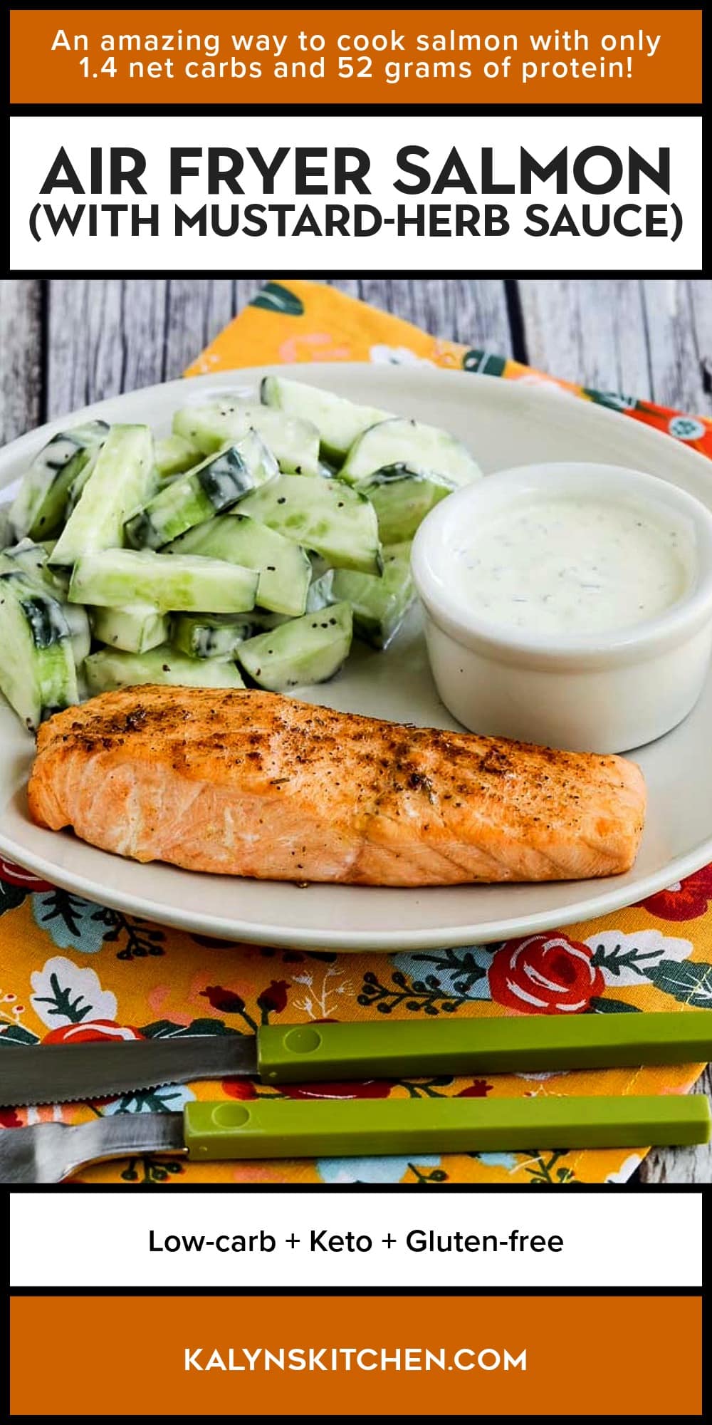 Pinterest image of Air Fryer Salmon (with Mustard-Herb Sauce)