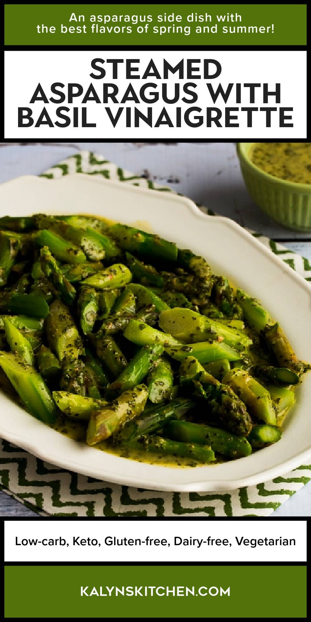 Pinterest image of Steamed Asparagus with Basil Vinaigrette