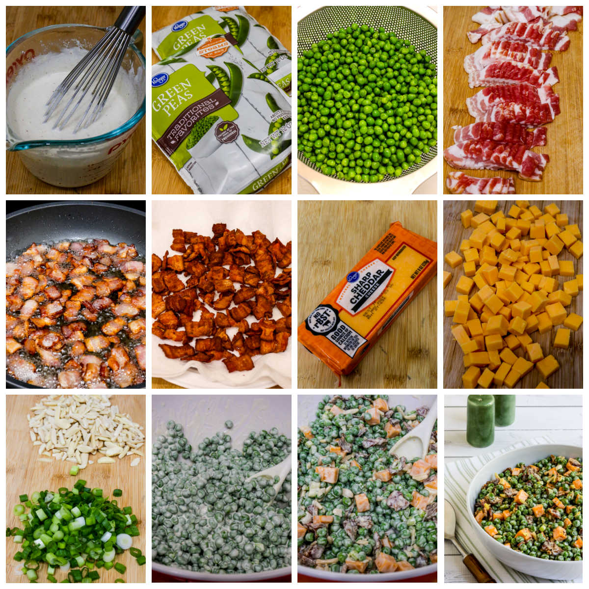 Bacon and Pea Salad collage showing recipe steps.