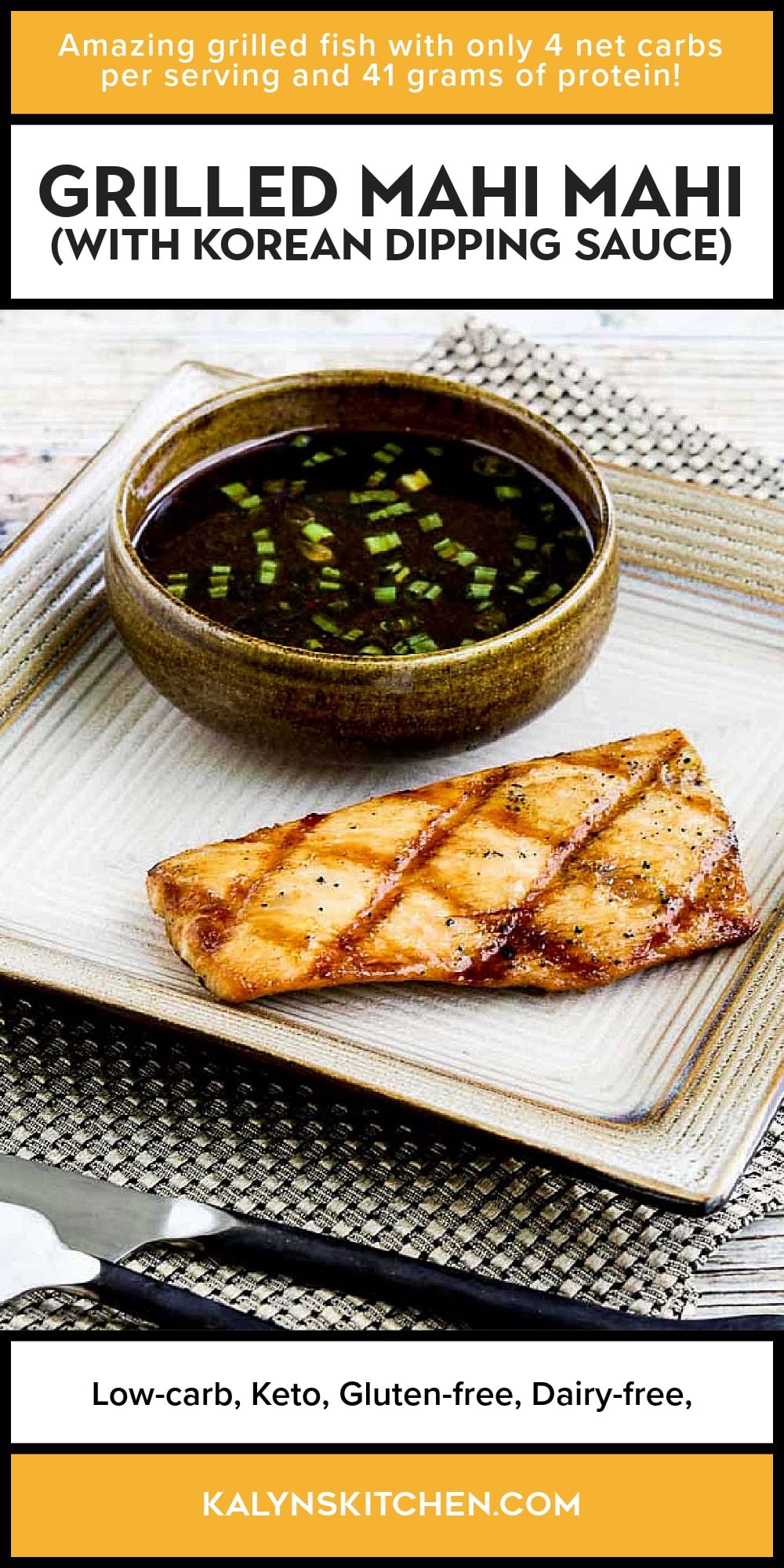 Pinterest image of Grilled Mahi Mahi (with Korean Dipping Sauce)