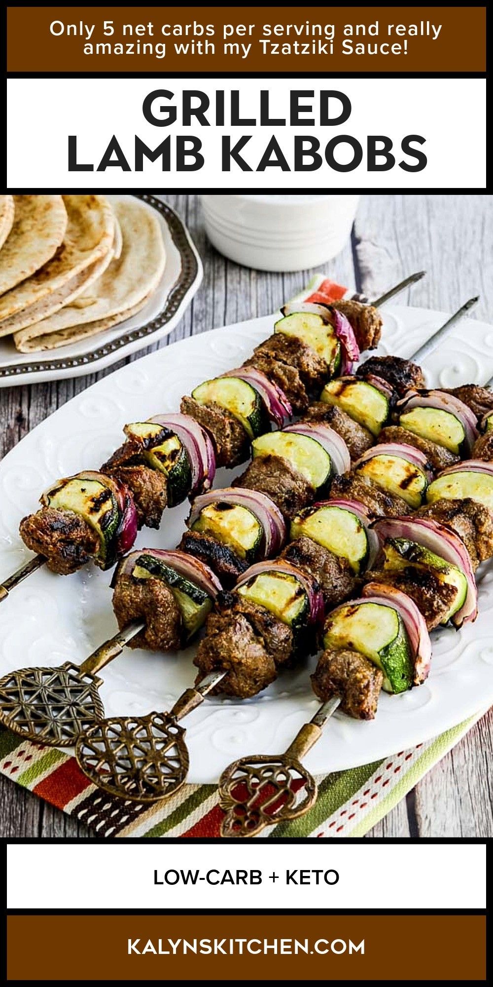 Pinterest image for Grilled Lamb Kabobs, shown on skewers on serving platter.