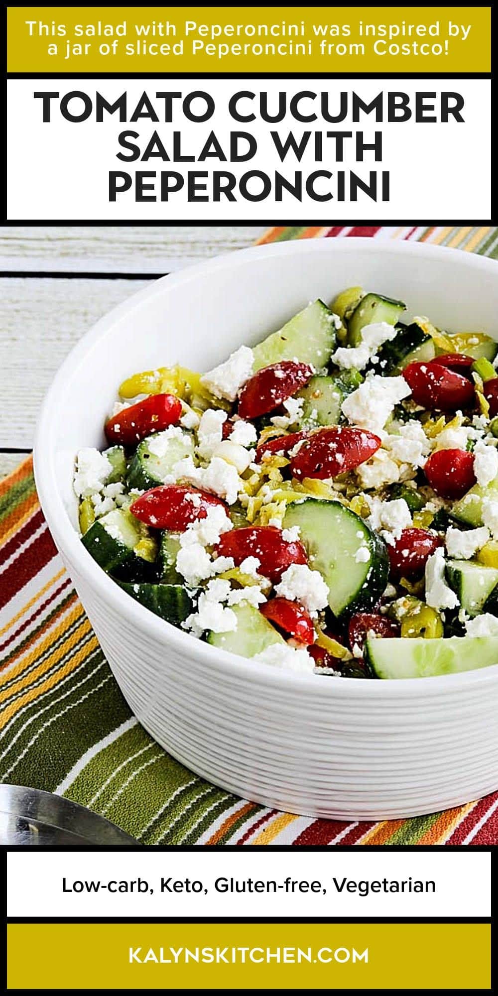 Pinterest image for Tomato Cucumber Salad with Peperoncini shown in serving bowl.