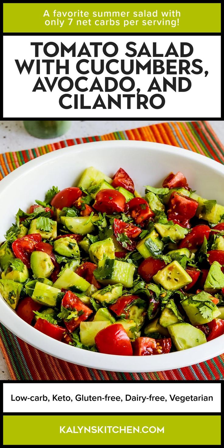Pinterest image for Tomato Salad with Cucumbers, Avocado, and Cilantro shown in serving bowl.
