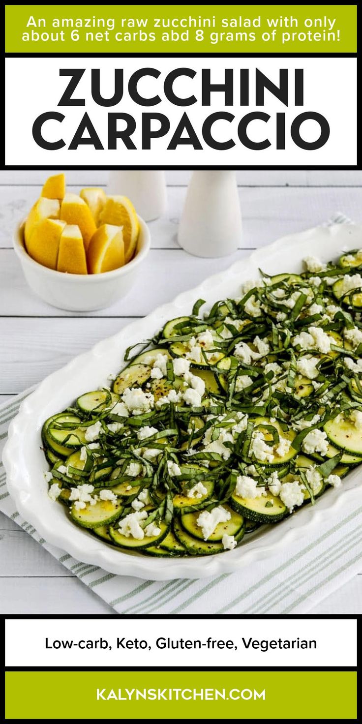 Pinterest image for Zucchini Carpaccio shown on serving plate with lemons in back.