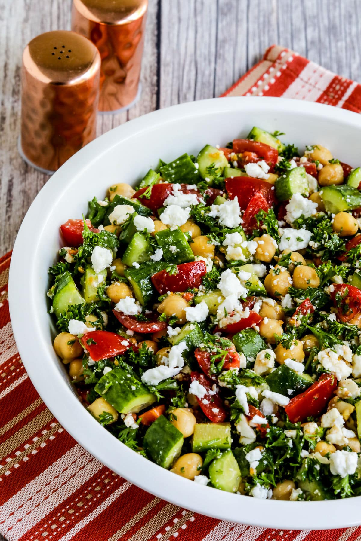 Tomato Cucumber Chickpea Salad in large serving bowl.