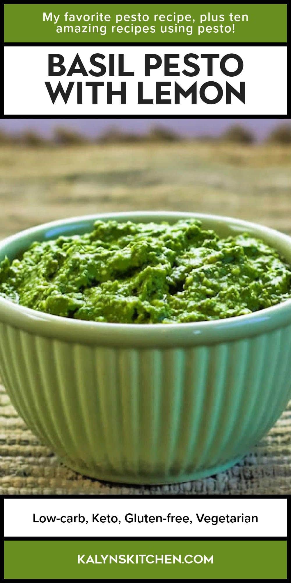 Pinterest image for Basil Pesto with Lemon shown in bowl.