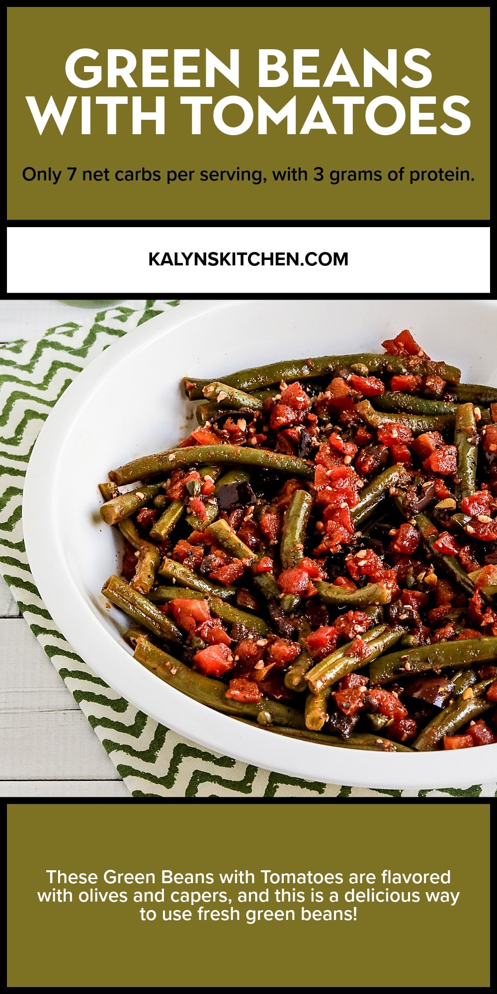 Pinterest image for Green Beans with Tomatoes shown in serving bowl.