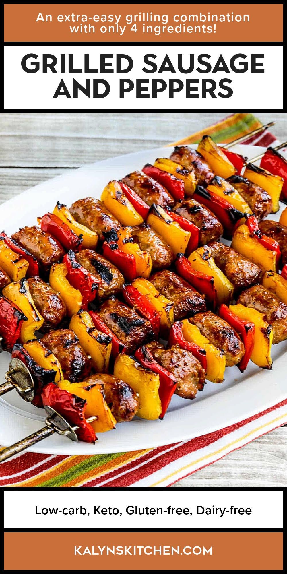 Pinterest image for Grilled Sausage and Peppers showing four kabobs with alternating pieces of sausage and red and yellow bell peppers.