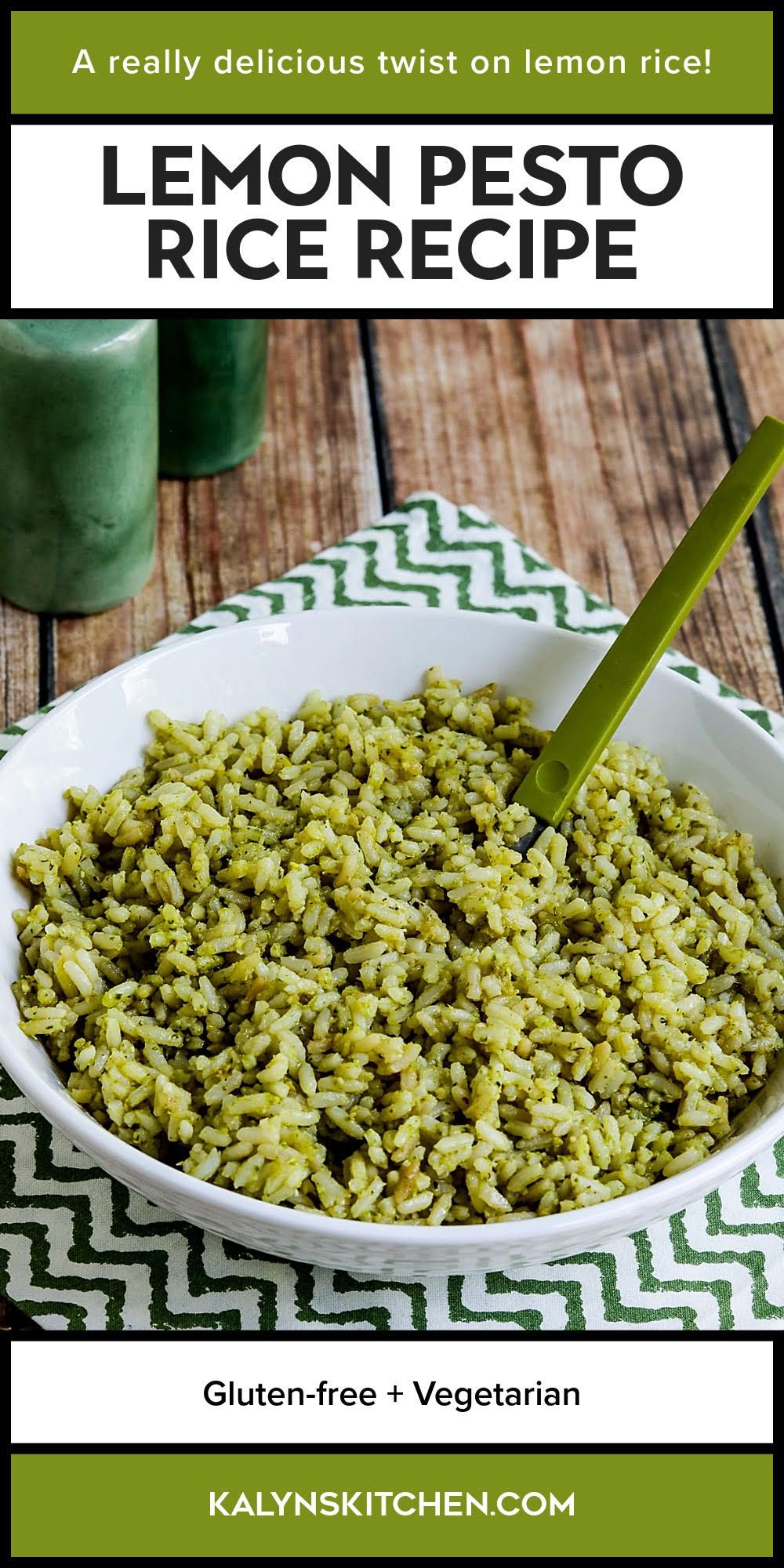 Pinterest image for Lemon Pesto Rice Recipe shown in serving dish on green-white napkin.