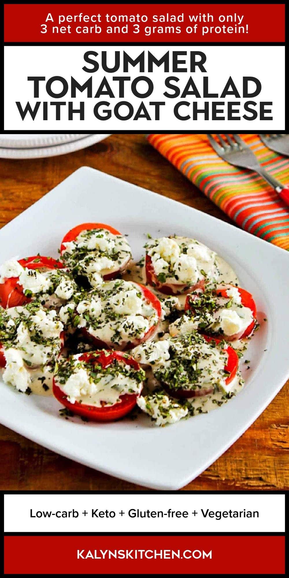 Summer Tomato Salad with Goat Cheese shown on serving plate.
