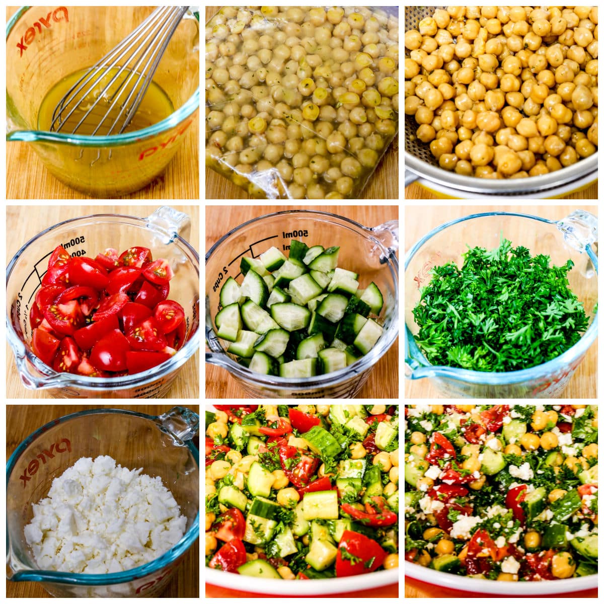 Tomato Cucumber Chickpea Salad collage showing recipes steps.