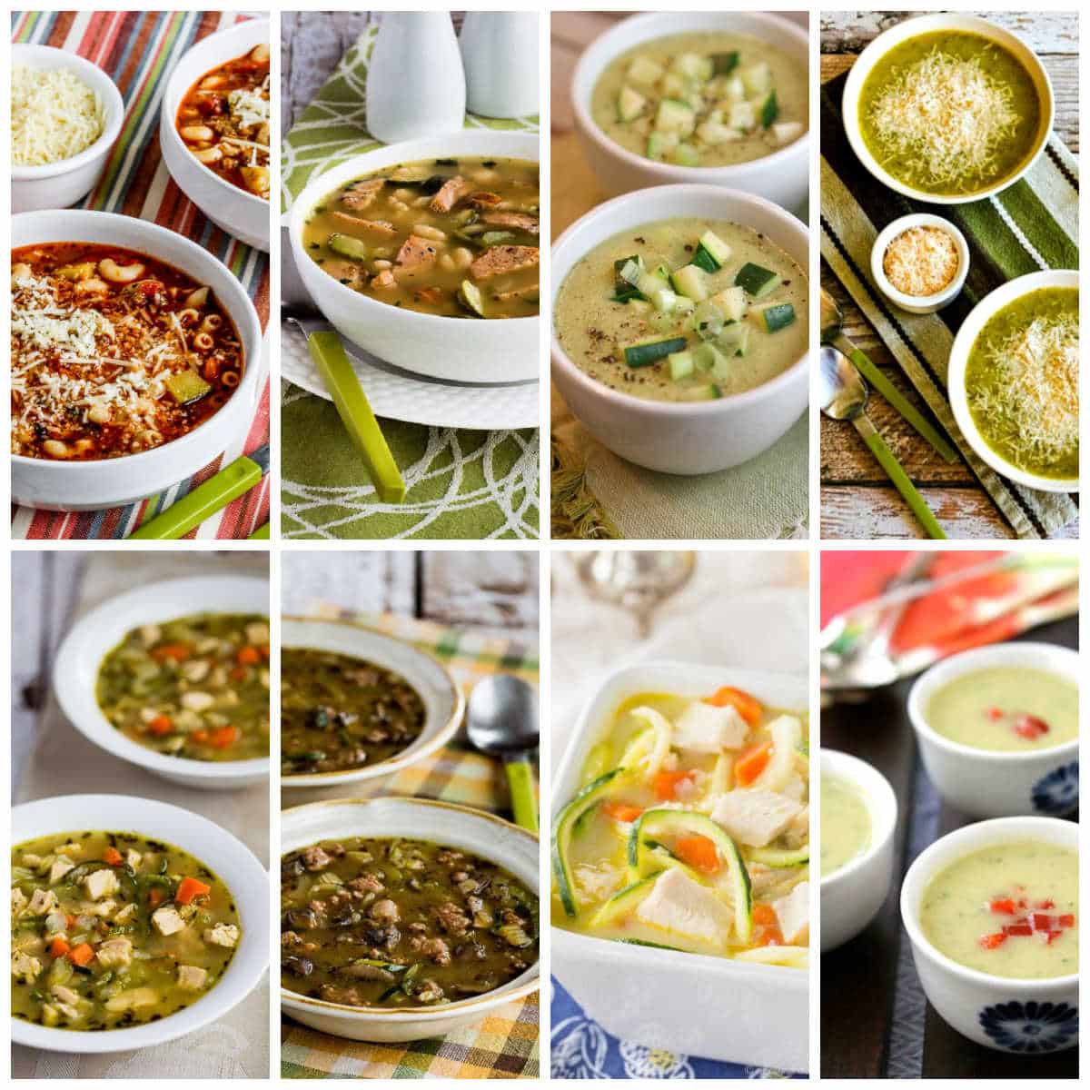 Collage photo of zucchini soup recipes showing featured recipes.