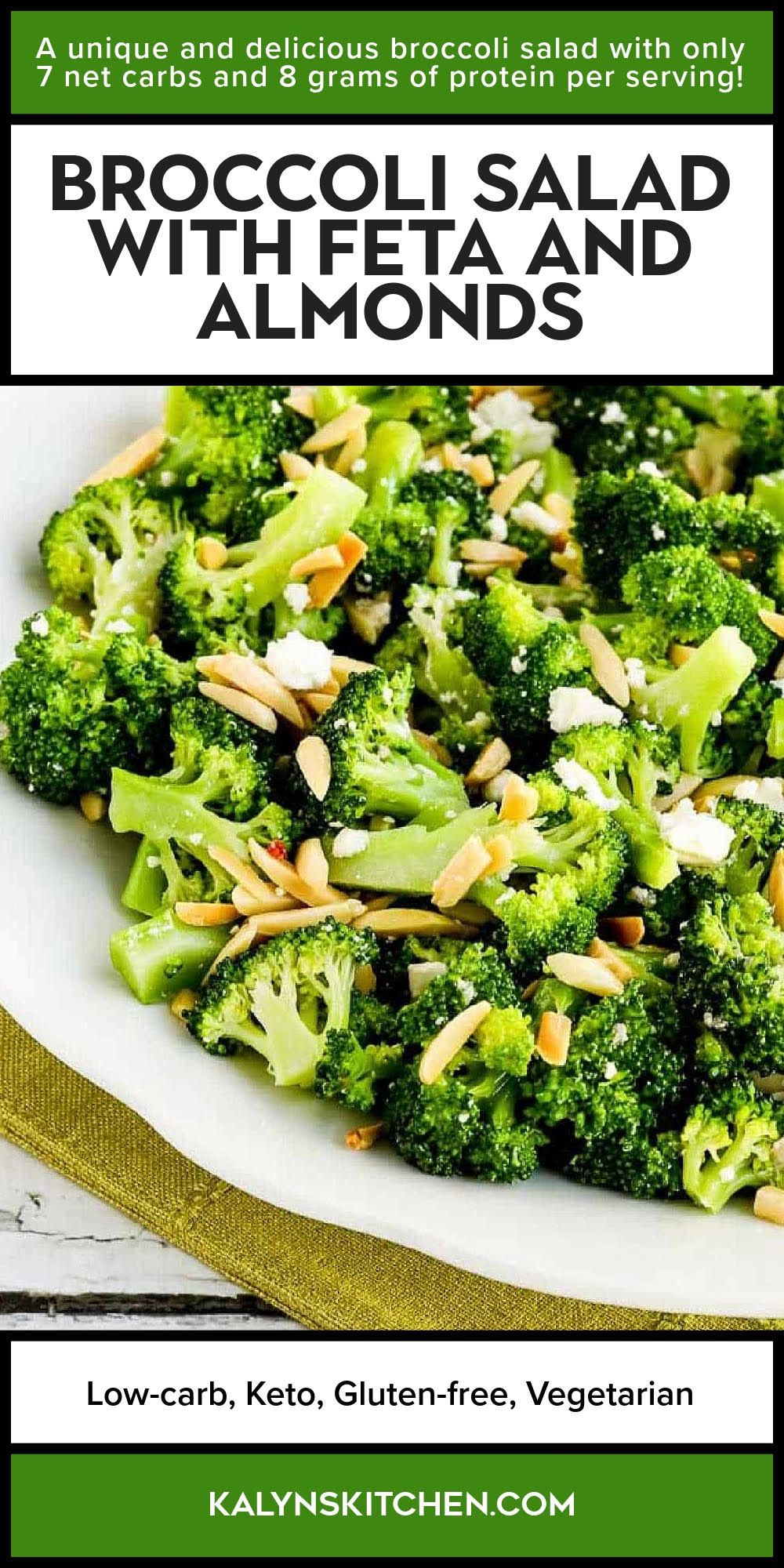 Pinterest image for Broccoli Salad with Feta and Almonds shown on serving plate.