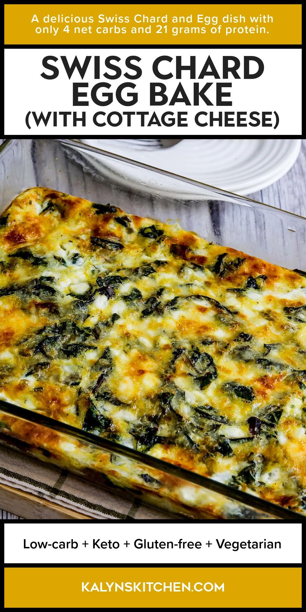 Pinterest image for Swiss Chard Egg Bake (with Cottage Cheese) shown in baking dish.